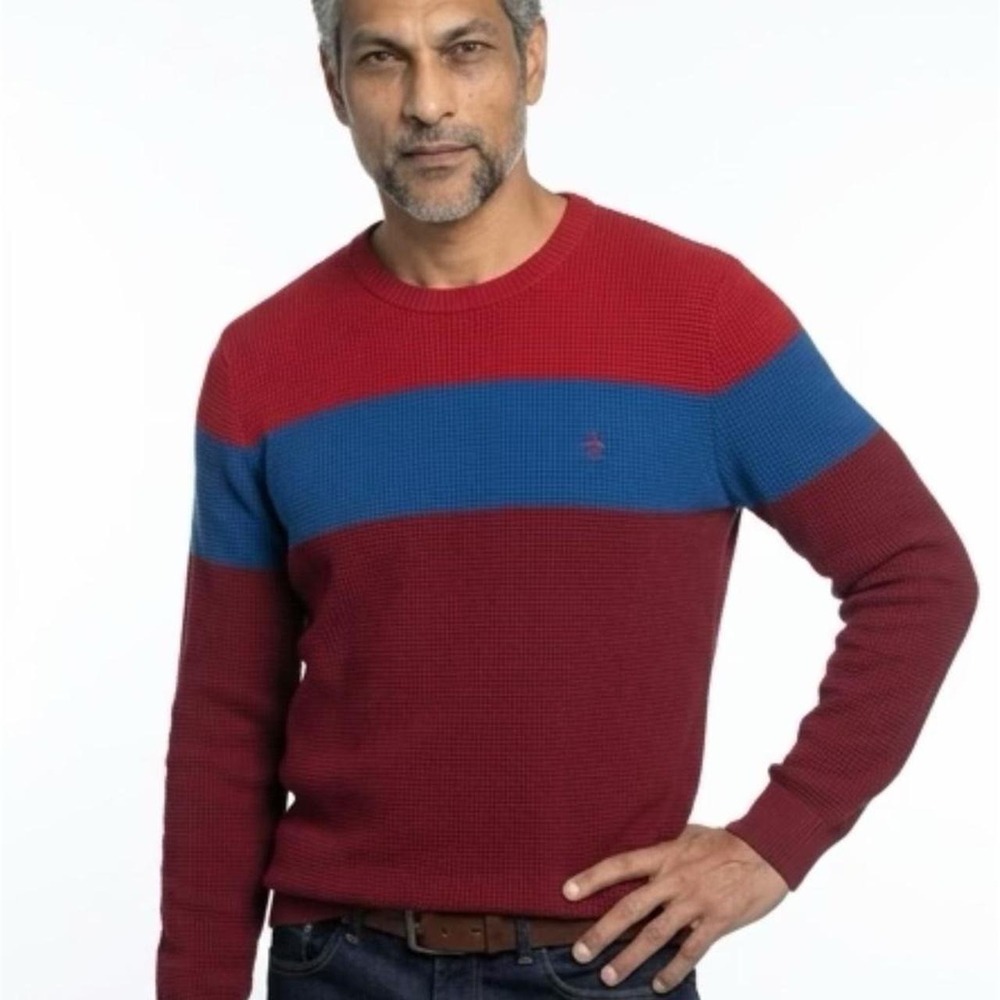 Classicore Penguin Men's Sweater Blue/Maroon/Red Waffle Knit Crewneck XLarge